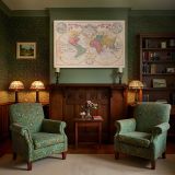 Pastel Double Hemisphere World Map canvas wall art in room setting 7