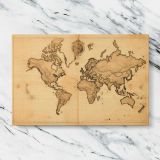 Sepia Antique World Map with Compass canvas artwork displayed on a marble background