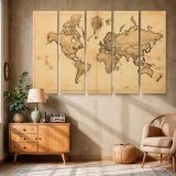 Sepia Antique World Map with Compass canvas wall art in room setting 6