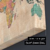 Pastel Political World Map canvas texture and wrapped edge closeup