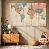 Pastel Political World Map canvas wall art in room setting 6