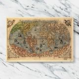 Antique World Map 1565 canvas artwork displayed on a marble background