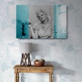 Marilyn Monroe Smiling Turquoise Portrait canvas wall art in room setting 7