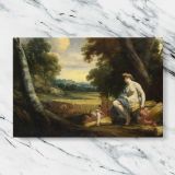 Classical Woman and Cherubs beside a Stream canvas artwork displayed on a marble background