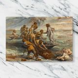 Classical Figures and Cherubs beside the Sea canvas artwork displayed on a marble background