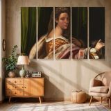 Woman in a Gold and Rose Dress canvas wall art in room setting 6