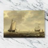 Sailing Vessels on a Quiet Sea canvas artwork displayed on a marble background