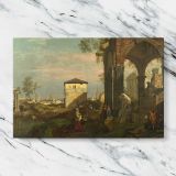 Classical Ruins overlooking a Coastal Town canvas artwork displayed on a marble background