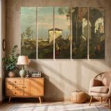 Classical Ruins overlooking a Coastal Town canvas wall art in room setting 6
