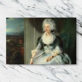 Seated Woman in a Pale Blue Dress canvas artwork displayed on a marble background