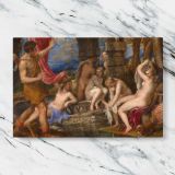 Classical Women beside a Stone Fountain canvas artwork displayed on a marble background