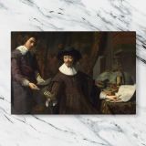 Two Gentlemen with Maps and a Globe canvas artwork displayed on a marble background