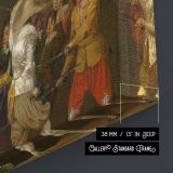 Armoured Figure and Musicians in a Banquet Hall canvas texture and wrapped edge closeup