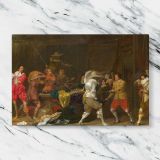 Armoured Figure and Musicians in a Banquet Hall canvas artwork displayed on a marble background