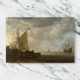 Sailing Boats at a Harbour Quay canvas artwork displayed on a marble background
