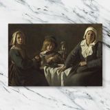 Women and a Child at a Simple Table canvas artwork displayed on a marble background
