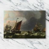 Sailing Ships beneath Dark Storm Clouds canvas artwork displayed on a marble background