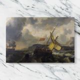 Fishing Boats on a Rough Grey Sea canvas artwork displayed on a marble background