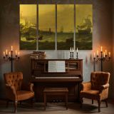 Harbour Ships beneath a Golden Sky canvas wall art in room setting 5