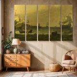 Harbour Ships beneath a Golden Sky canvas wall art in room setting 6