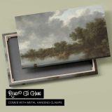 Quiet Riverbank with Trees and Boats canvas front and rear frame view