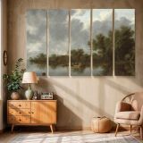 Quiet Riverbank with Trees and Boats canvas wall art in room setting 6