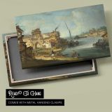 Historic River Town and Boats canvas front and rear frame view