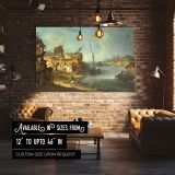 Historic River Town and Boats canvas wall art in room setting 4