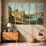 Historic River Town and Boats canvas wall art in room setting 6
