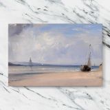 Sailing Boats on a Pale Sandy Beach canvas artwork displayed on a marble background