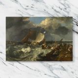 Stormy Harbour with Boats and Fishermen canvas artwork displayed on a marble background