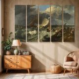 Stormy Harbour with Boats and Fishermen canvas wall art in room setting 6