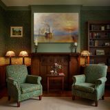 Steam Tug and Tall Ship at Sunset canvas wall art in room setting 7