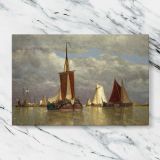 Red Sailed Boats on Still Water canvas artwork displayed on a marble background