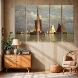 Red Sailed Boats on Still Water canvas wall art in room setting 6
