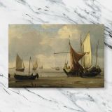 Sailing Boats and Rowing Boats in a Calm Harbour canvas artwork displayed on a marble background