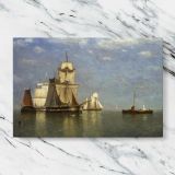 Tall Ship on a Calm Blue Sea canvas artwork displayed on a marble background