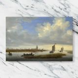 Estuary Boats and Distant Church Tower canvas artwork displayed on a marble background