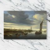 Cattle beside a River with Sailing Boats canvas artwork displayed on a marble background