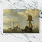 Tall Masted Boats in a Sheltered Harbour canvas artwork displayed on a marble background