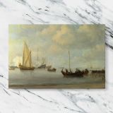 Small Boats and White Sails on Calm Water canvas artwork displayed on a marble background