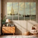 Small Boats and White Sails on Calm Water canvas wall art in room setting 6