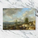 Coastal Dunes with Figures and Sailing Boats canvas artwork displayed on a marble background