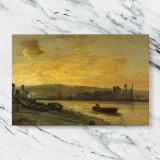 River Town in Golden Evening Light canvas artwork displayed on a marble background