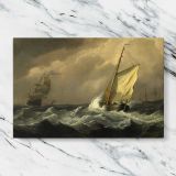 Sailing Boat Riding Rough Waves canvas artwork displayed on a marble background