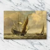 Tall Sailing Ship in Warm Light canvas artwork displayed on a marble background