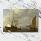 Harbour Boats with Brown Sails canvas artwork displayed on a marble background