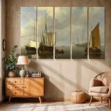 Harbour Boats with Brown Sails canvas wall art in room setting 6