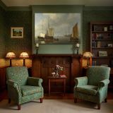 Harbour Boats with Brown Sails canvas wall art in room setting 7