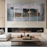 Clarinet and Violin by Pablo Picasso — four-panel canvas arrangement in a living room